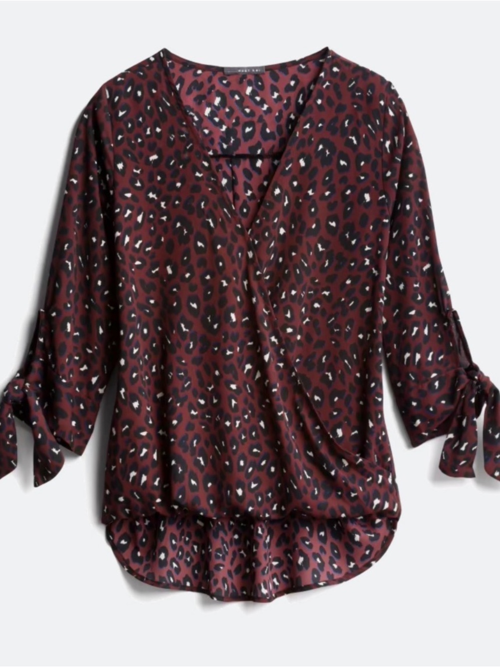 Beacon Maroon Leopard Wrap Blouse with Tie Sleeves